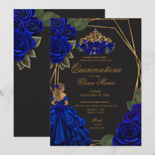 Black Blue Roses Gold Princess Quinceañera Invitation