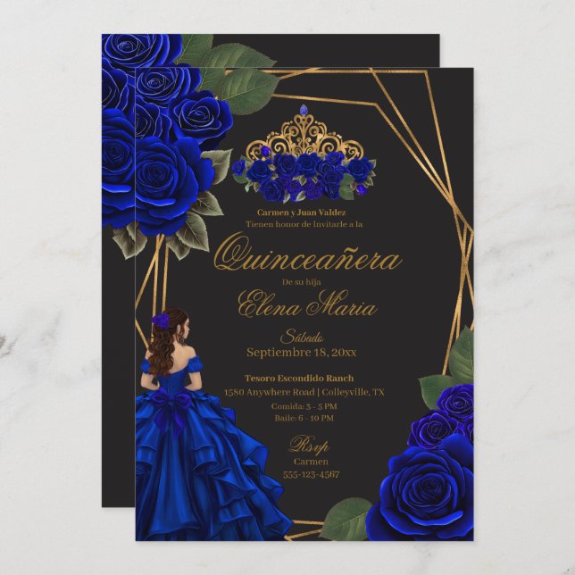 Black Blue Roses Gold Princess Quinceañera  Invitation (Front/Back)