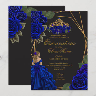 Black Blue Roses Gold Princess Quinceañera  Invitation