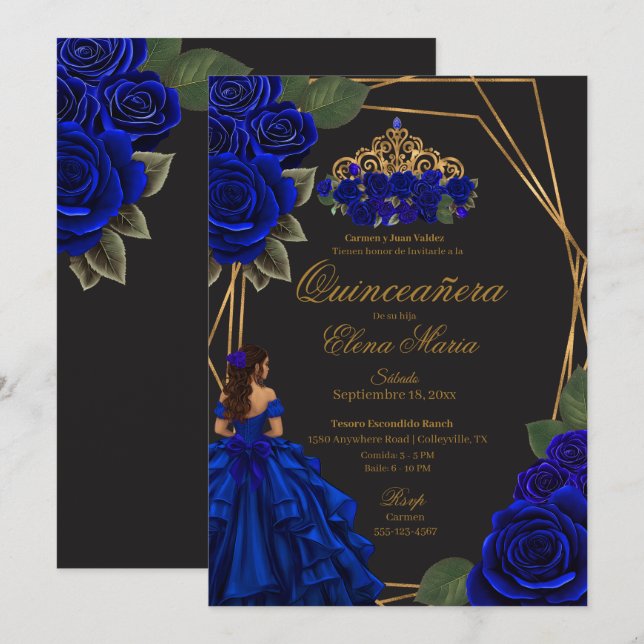 Black Blue Roses Gold Princess Quinceañera  Invitation (Front/Back)