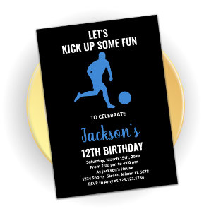 Black Blue Running Soccer Birthday Invitations