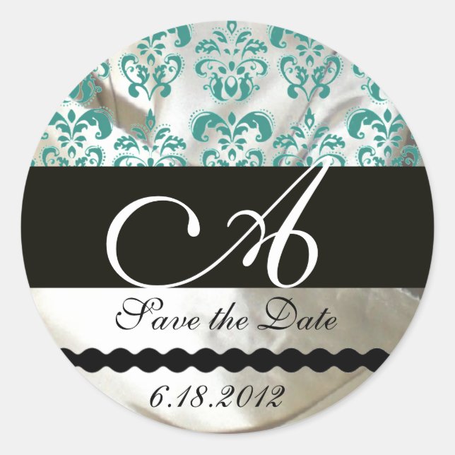 BLACK & BLUE SILK DAMASK CLOTH MONOGRAM CLASSIC ROUND STICKER (Front)