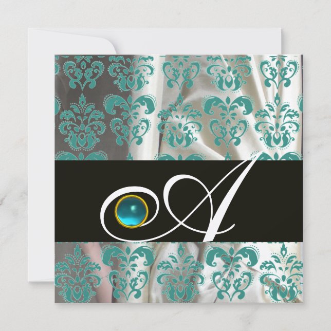 BLACK BLUE SILK DAMASK MONOGRAM AQUAMARINE GOLD INVITATION (Front)
