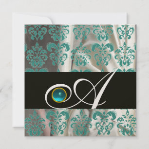 BLACK BLUE SILK DAMASK MONOGRAM AQUAMARINE GOLD INVITATION