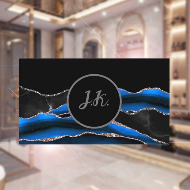 Black Blue Silver Initials Agate Glam Marble Business Card (Creator Uploaded)