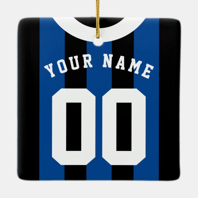 Black & Blue Striped Sports Jersey Template Ceramic Ornament (Back)