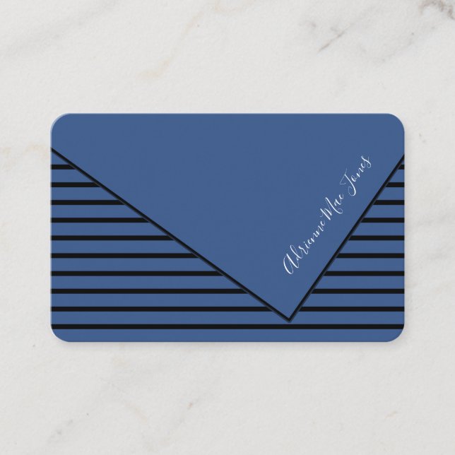 Black & Blue Stripes Faux Fold Over Business Card (Front)