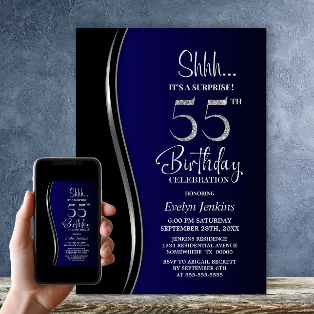 Black Blue Surprise 55th Birthday Invitation (Creator Uploaded)