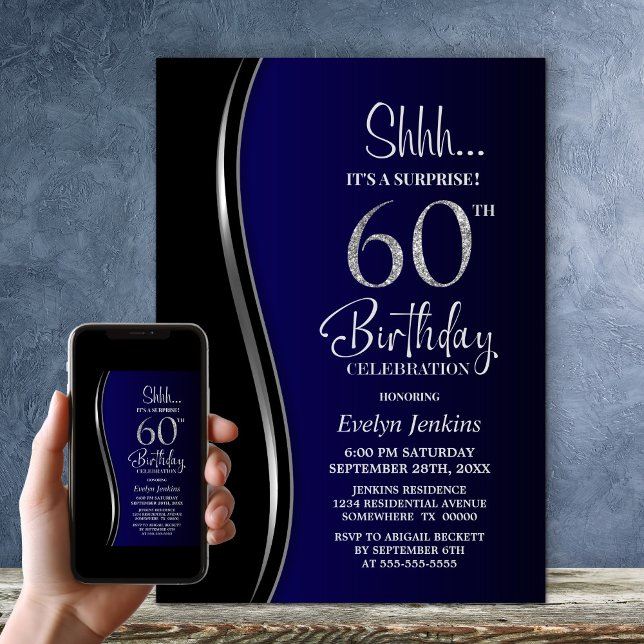 Black Blue Surprise 60th Birthday Invitation (Creator Uploaded)