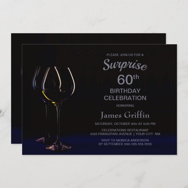 Black Blue Surprise 60th Birthday Wine Glass Party Invitation (Front/Back)