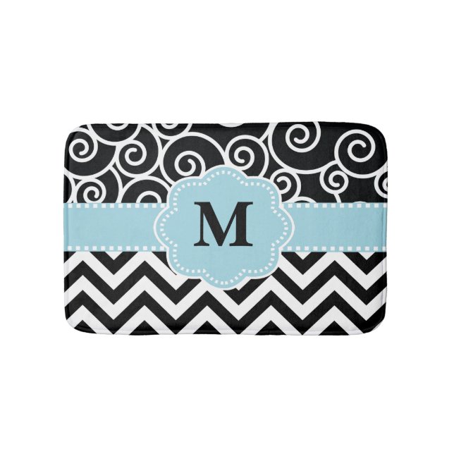 Black Blue Swirl Chevron Monogram Bathmat (Front)