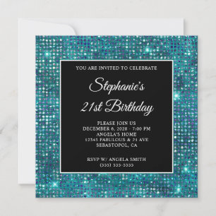 Black Blue Teal Diamond Studded Foil 21st Birthday Invitation