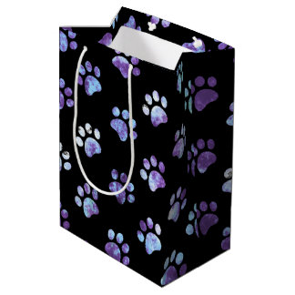 Black Blue Textured Paw Print Pattern Medium Gift Bag