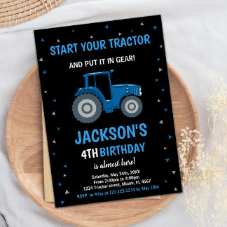 Black Blue Tractor Birthday Invitations