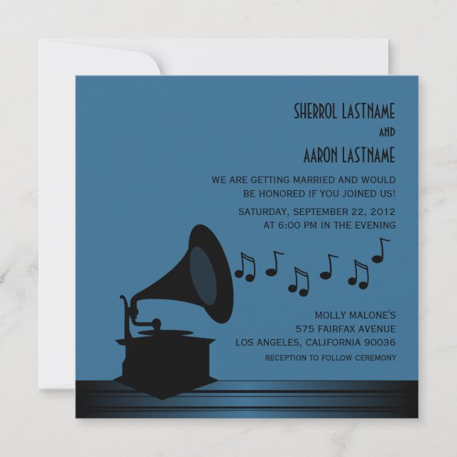 Black/Blue Vintage Gramophone Wedding Invite (Front)