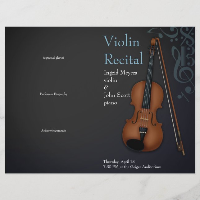 Black & Blue Violin Viola Folded Recital Program (Front)