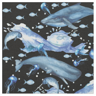 Black   Blue Watercolor Ocean Marine Life Pattern Fabric