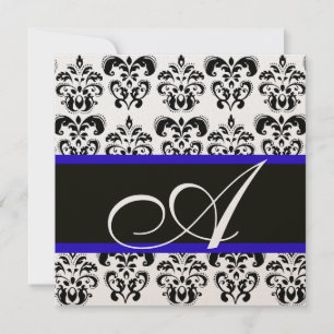 BLACK , BLUE & WHITE  CHAMPAGNE DAMASK MONOGRAM INVITATION