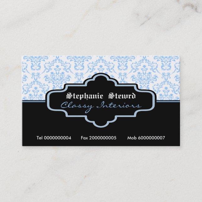 Black blue white damask interiors business cards (Front)