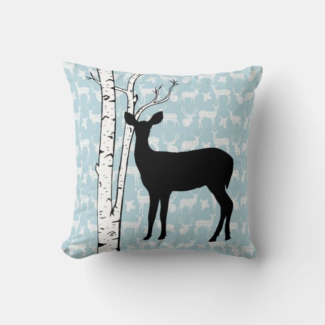 Black, Blue, White Deer Birch Forest Throw Pillow (Front)