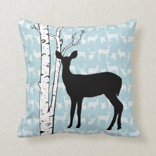 Black, Blue, White Deer Birch Forest Throw Pillow