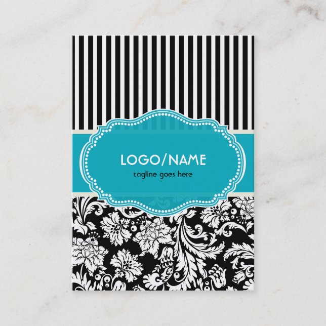 Black Blue & White Floral Damasks 2-Customised Business Card (Front)
