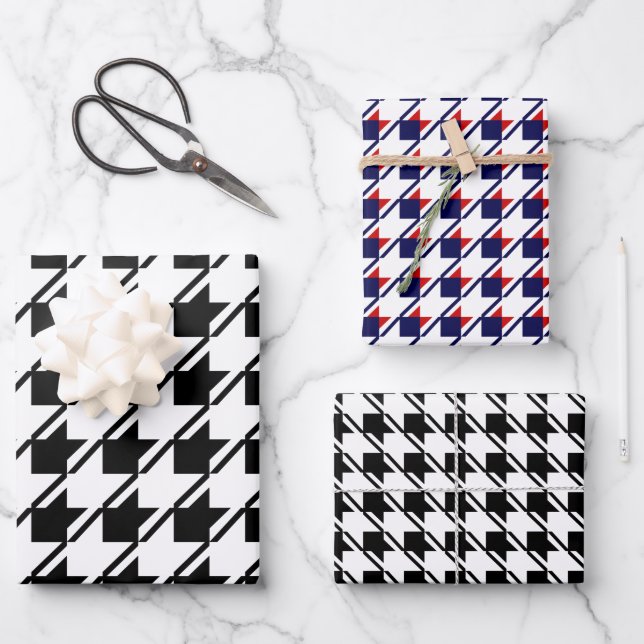 Black Blue White Houndstooth Wrapping Paper Sheet (Front)