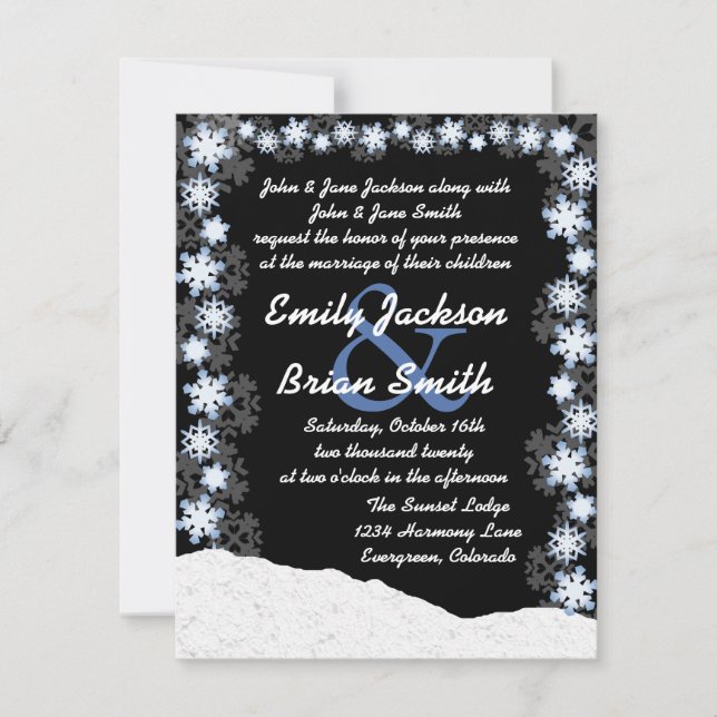 Black blue white snowflake custom wedding invites (Front)
