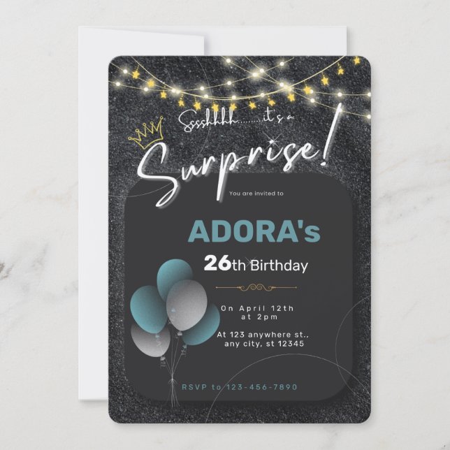 Black blue white surprise birthday invitation (Front)