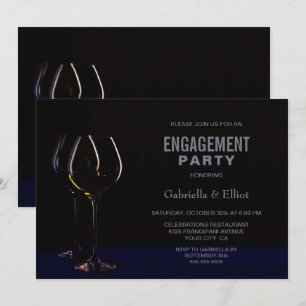 Black Blue Wine Glass Engagement Party Invitation