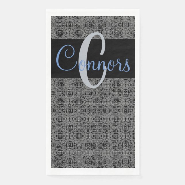 Black Blue X's and O's Pattern Grey Monogram Napkin (Front)