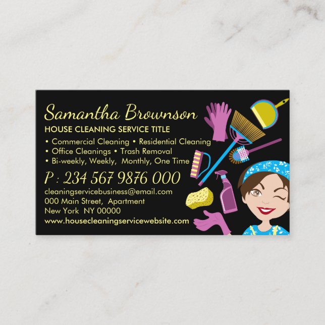 Black Blue Yellow Cleaning Janitorial Lady Maid Business Card (Front)