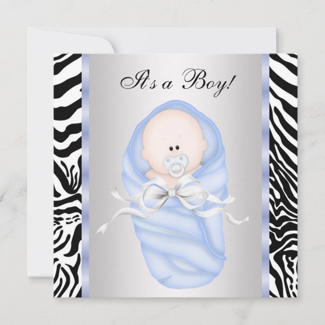 Black Blue Zebra Baby Boy Shower Invitations (Front)