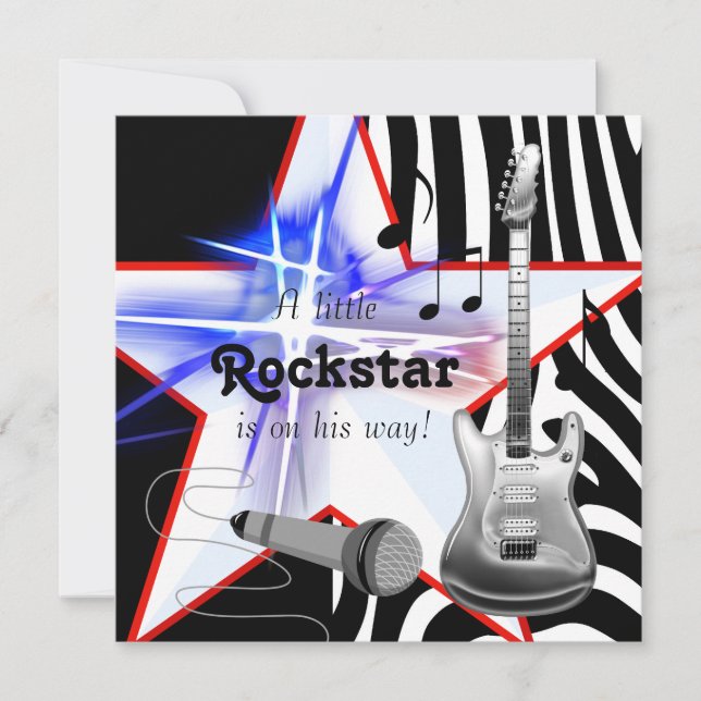 Black Blue Zebra Rockstar Baby Boy Shower Invitation (Front)