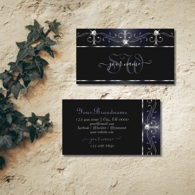 Black Bluish Squiggles Sparkling Diamonds Monogram Business Card (Creator Uploaded)
