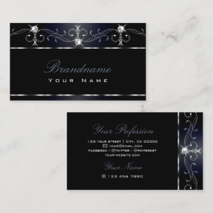 Black Bluish Squiggles Sparkling Diamonds Ornate Business Card