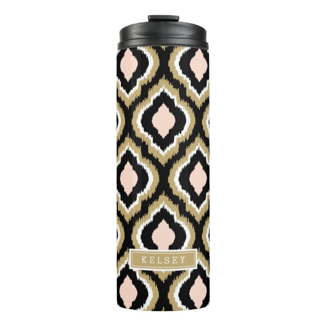 Black Blush and Gold Ikat Moroccan Monogram Thermal Tumbler (Front)