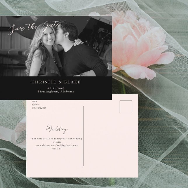 Black & Blush B/W Photo Save the Date Postcard (Creator Uploaded)