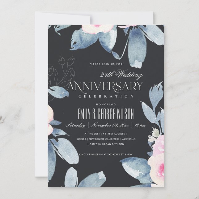 BLACK BLUSH BLUE FLORAL 25th ANY YEAR ANNIVERSARY Invitation (Front)