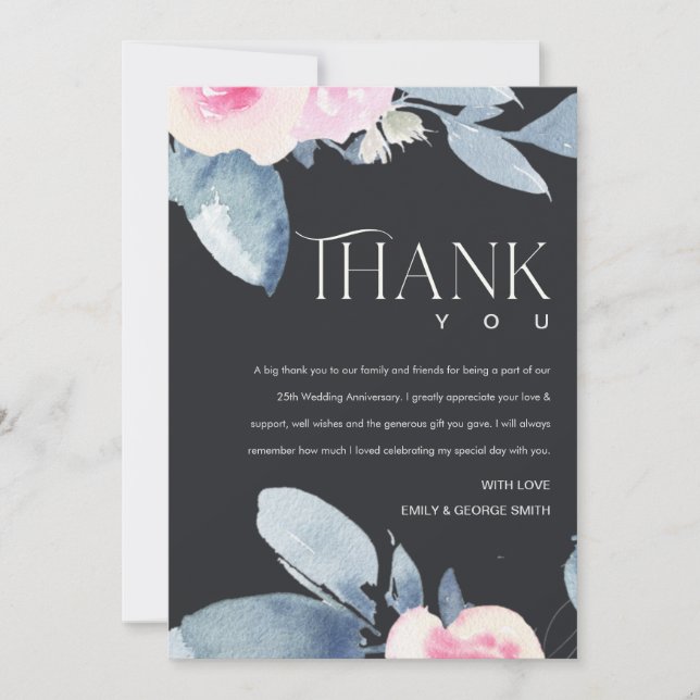 BLACK BLUSH BLUE FLORAL 25TH ANY YEAR ANNIVERSARY THANK YOU CARD (Front)