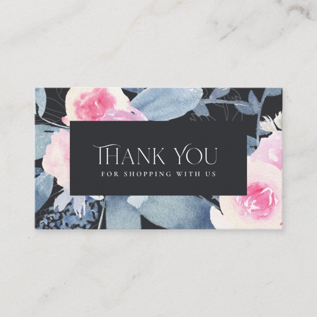 BLACK BLUSH BLUE FLORAL BUSINESS THANK YOU LOGO CARD (Front)