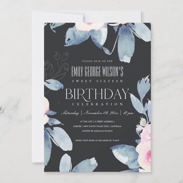 BLACK BLUSH BLUE FLORAL SWEET 16 ANY AGE BIRTHDAY INVITATION (Front)