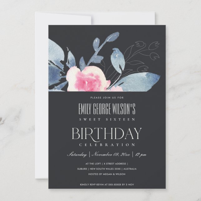 BLACK BLUSH BLUE FLORAL SWEET 16 ANY AGE BIRTHDAY INVITATION (Front)