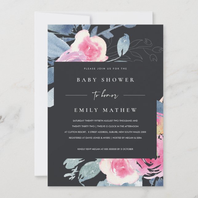 BLACK BLUSH BLUE FLORAL WATERCOLOR BABY SHOWER INVITATION (Front)