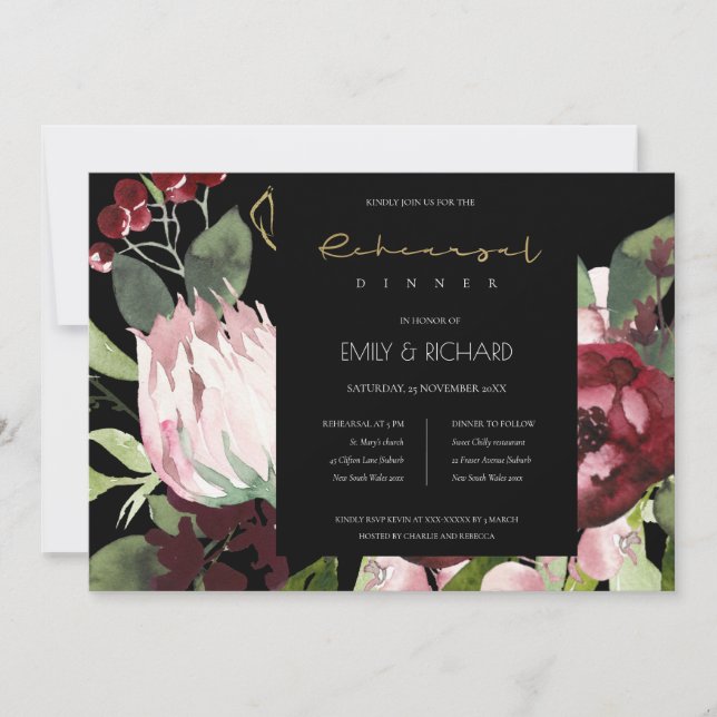 BLACK BLUSH BURGUNDY PROTEA FLORA REHEARSAL DINNER INVITATION (Front)