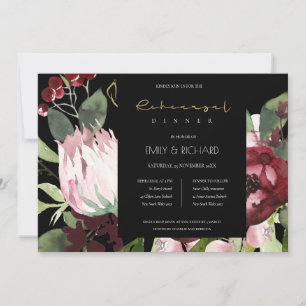 BLACK BLUSH BURGUNDY PROTEA FLORA REHEARSAL DINNER INVITATION
