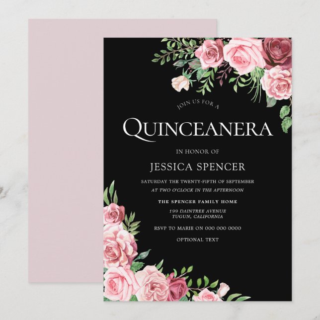 Black Blush & Burgundy Quinceanera Party Invite (Front/Back)