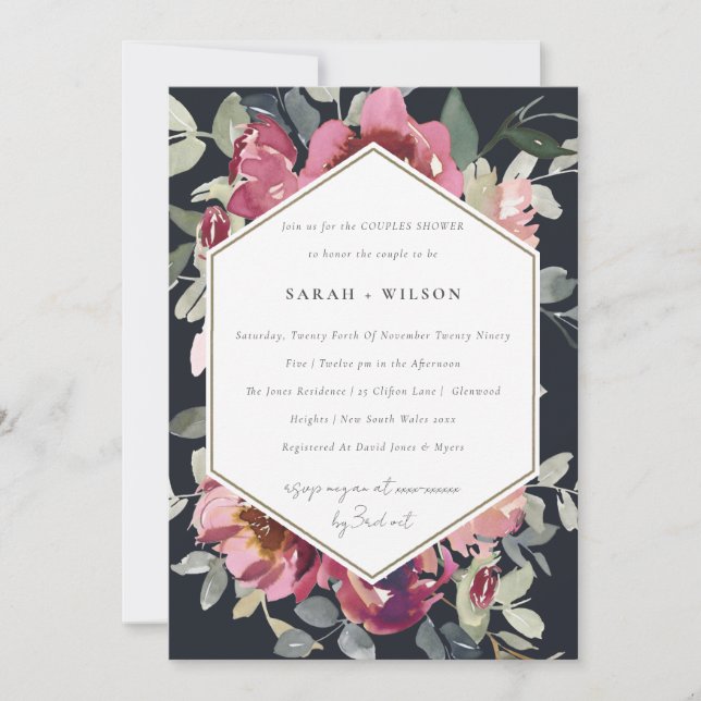 BLACK BLUSH BURGUNDY ROSE COUPLES SHOWER INVITE (Front)