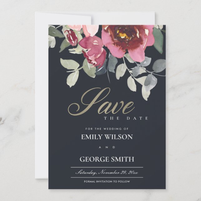 BLACK BLUSH BURGUNDY ROSE FLORA SAVE THE DATE CARD (Front)
