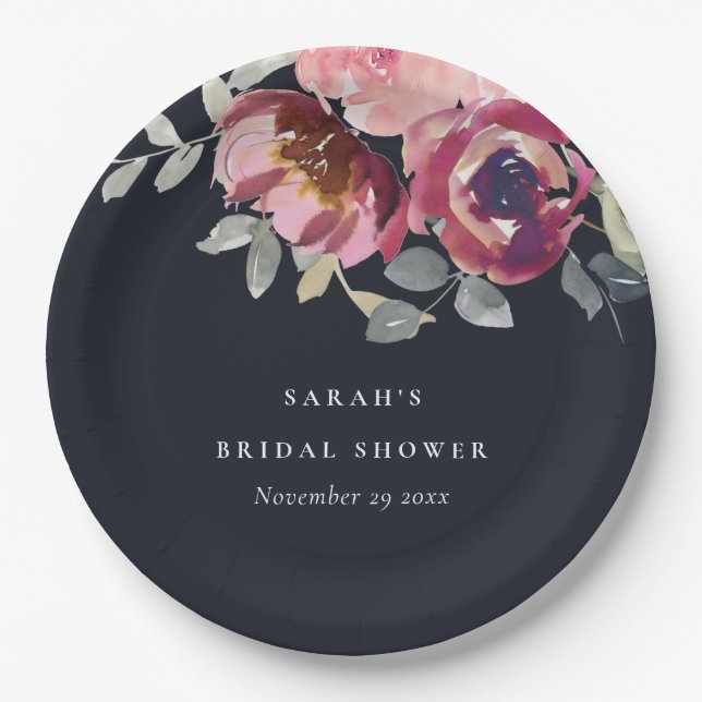 BLACK BLUSH BURGUNDY ROSE FLORAL BRIDAL SHOWER PAPER PLATE (Front)